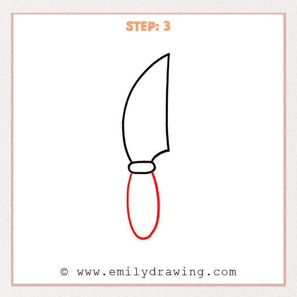 how to draw a cartoon knife - Step 3 of a step-by-step drawing tutorial showing a cartoon knife with a long vertical oval added under the guard to form the handle.